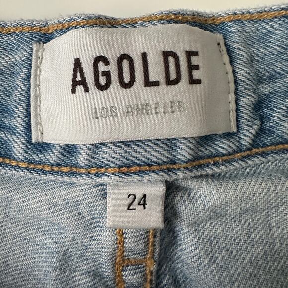 AGOLDE Riley High Rise Straight in Blue Button Fly Light Distress Jean 24 Waist - Picture 8 of 10